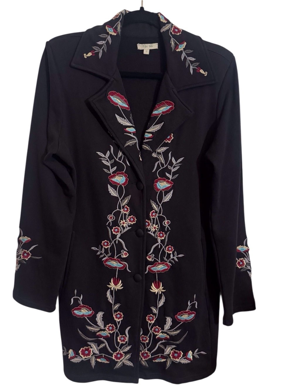 Kyla Seo Small Black Embroidered Floral Jacket Coat Boho Peasant Boho Button Up